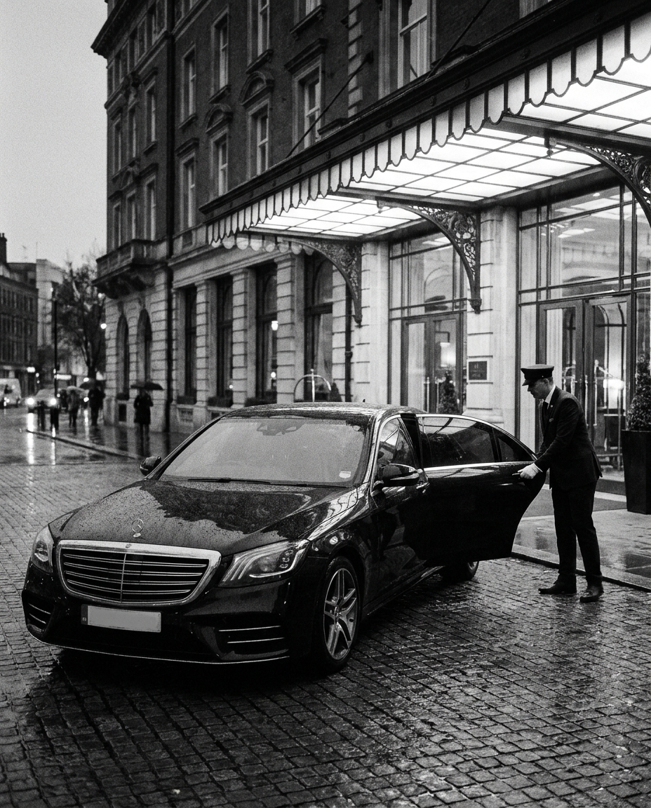 DIESSE private Mercedes chauffeur in Rome opening the door for a client